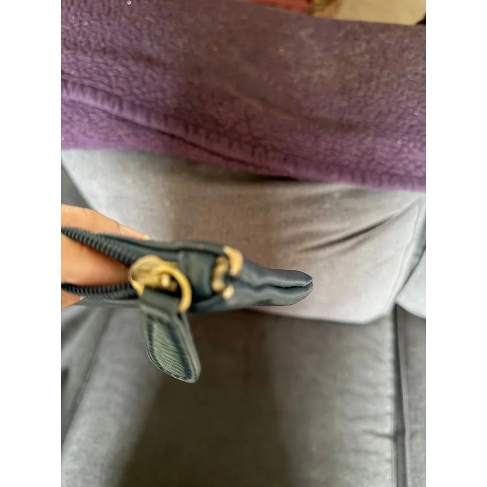 Navy Blue Vegan Leather Wristlet Pouch Zippered Mini Clutch with Damask Lining